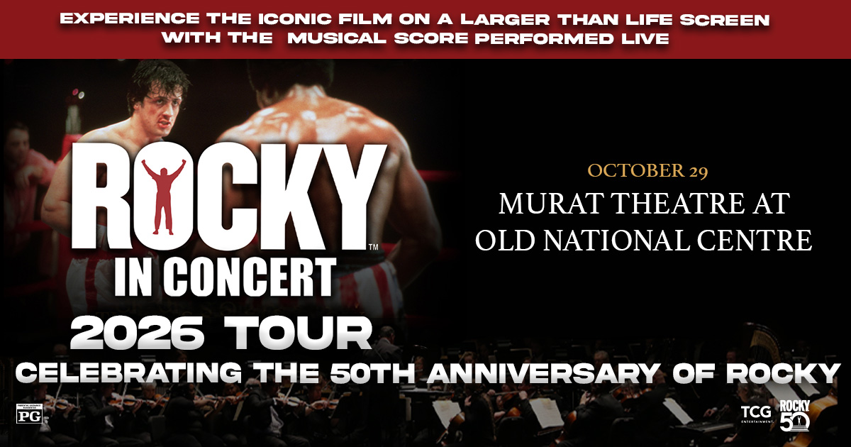 Poster for "Rocky in Concert 2026 Tour" celebrating the 50th anniversary of the iconic film, featuring a large image of a shirtless boxer and the event details.