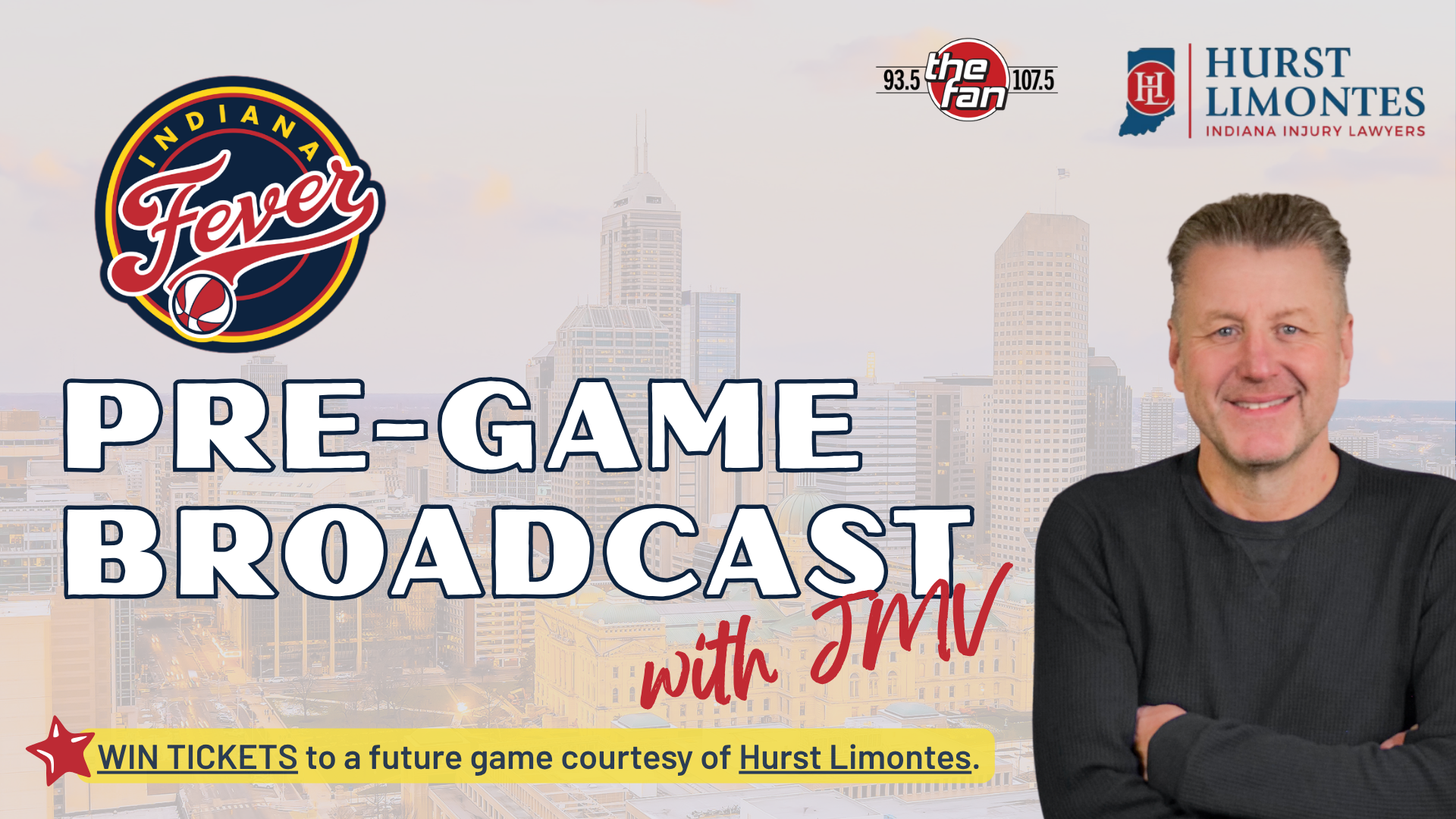 Indiana Fever pre-game broadcast with Jim, featuring the Indianapolis skyline and a Hurst Limontes logo.