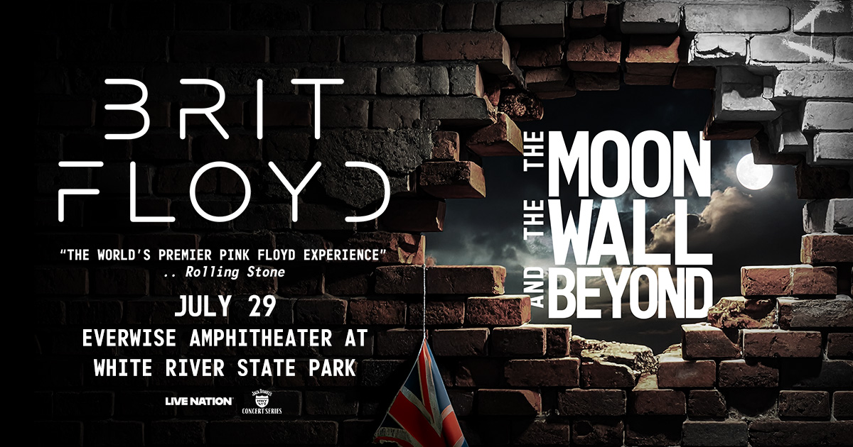Poster for "The 3 Brit Floyd: The Moon Wall and Beyond" concert at Everwire Amphitheater on July 29, featuring the text "The world's premier Pink Floyd experience" and "Rolling Stone".