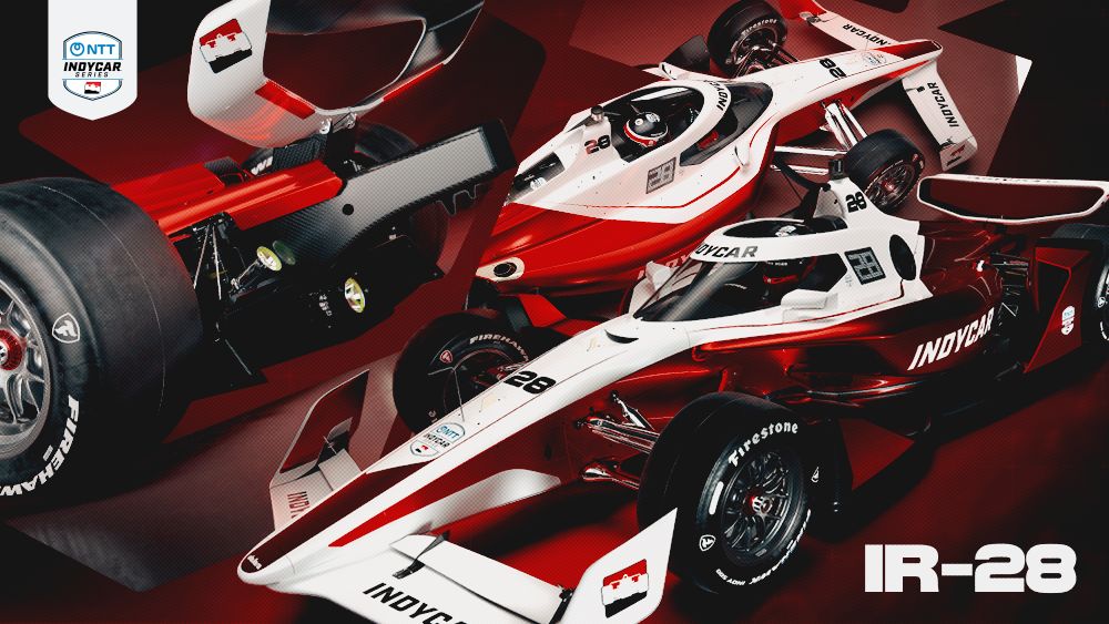 A high-performance IndyCar racing vehicle in a red and white color scheme, featuring the "IR-28" designation and the NTT IndyCar Series logo.
