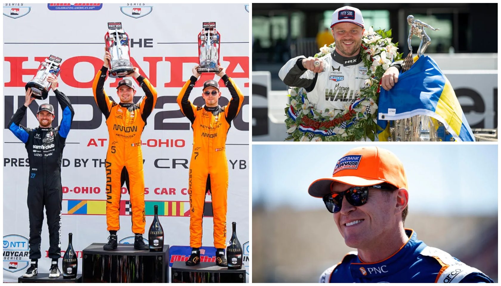 Three race car drivers celebrating on a podium, holding trophies. The Honda logo is visible on their uniforms. A race car driver holding a large floral wreath and waving a Ukrainian flag. A race car driver wearing a PNC-branded hat and uniform.