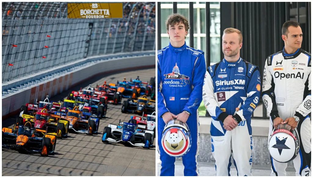 A collage of two images: a race with Formula 1 cars on a track, and three race car drivers in uniform posing together.