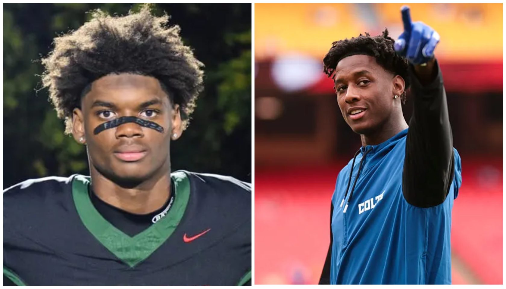 Two images of a young Black man in sports uniforms, one in a green jersey and one in a blue jersey, both with expressive facial expressions.
