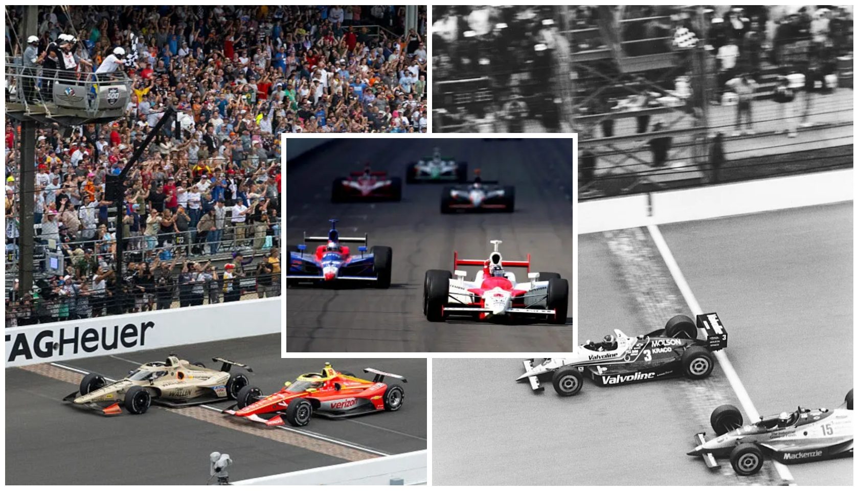 Crowded grandstands at a motorsports event, with race cars in motion on the track. Visible brands include AG Heuer and Valvoline.