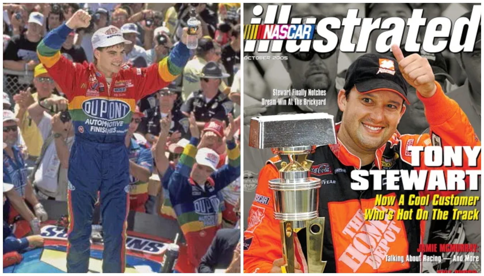 A NASCAR driver in a red and yellow uniform celebrating with a trophy after winning a race, with the NASCAR Illustrated magazine cover featuring the same driver.