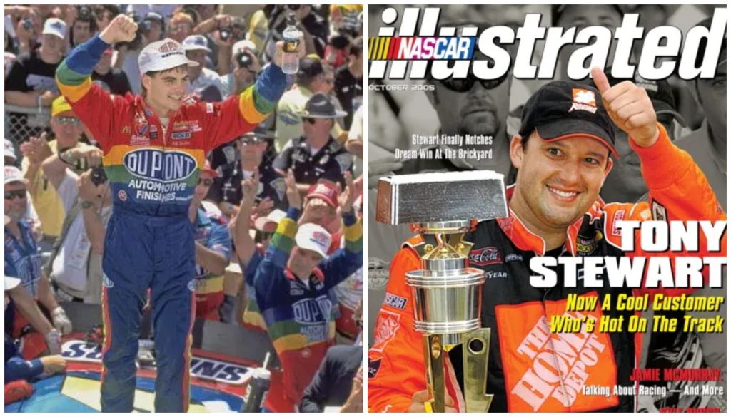 A NASCAR driver in a red and yellow uniform celebrating with a trophy after winning a race, with the NASCAR Illustrated magazine cover featuring the same driver.