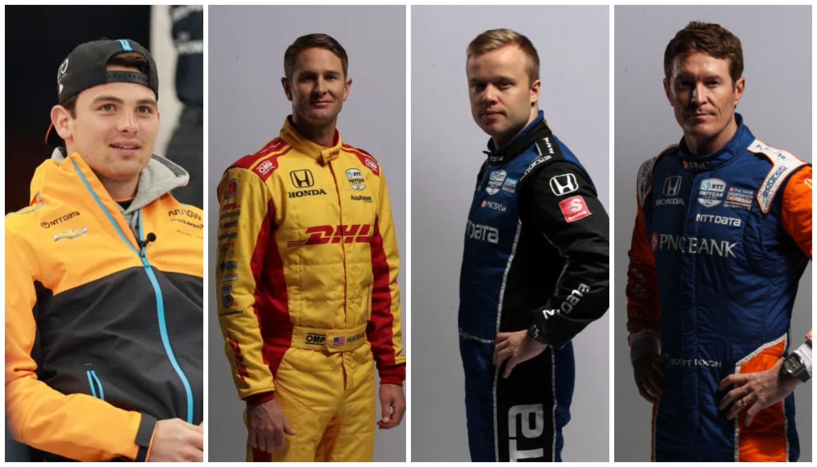 Four racing drivers in colorful uniforms with Honda, DHL, and PNC Bank logos.