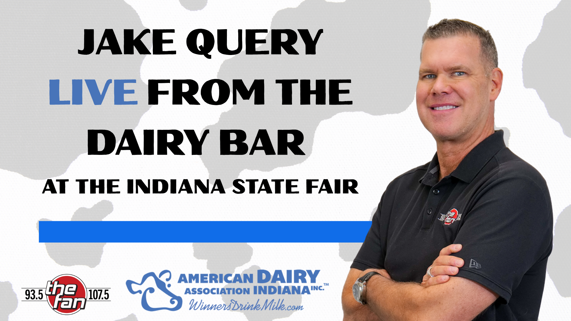 Jake Query live from the Dairy Bar at the Indiana State Fair, standing with arms crossed and smiling.