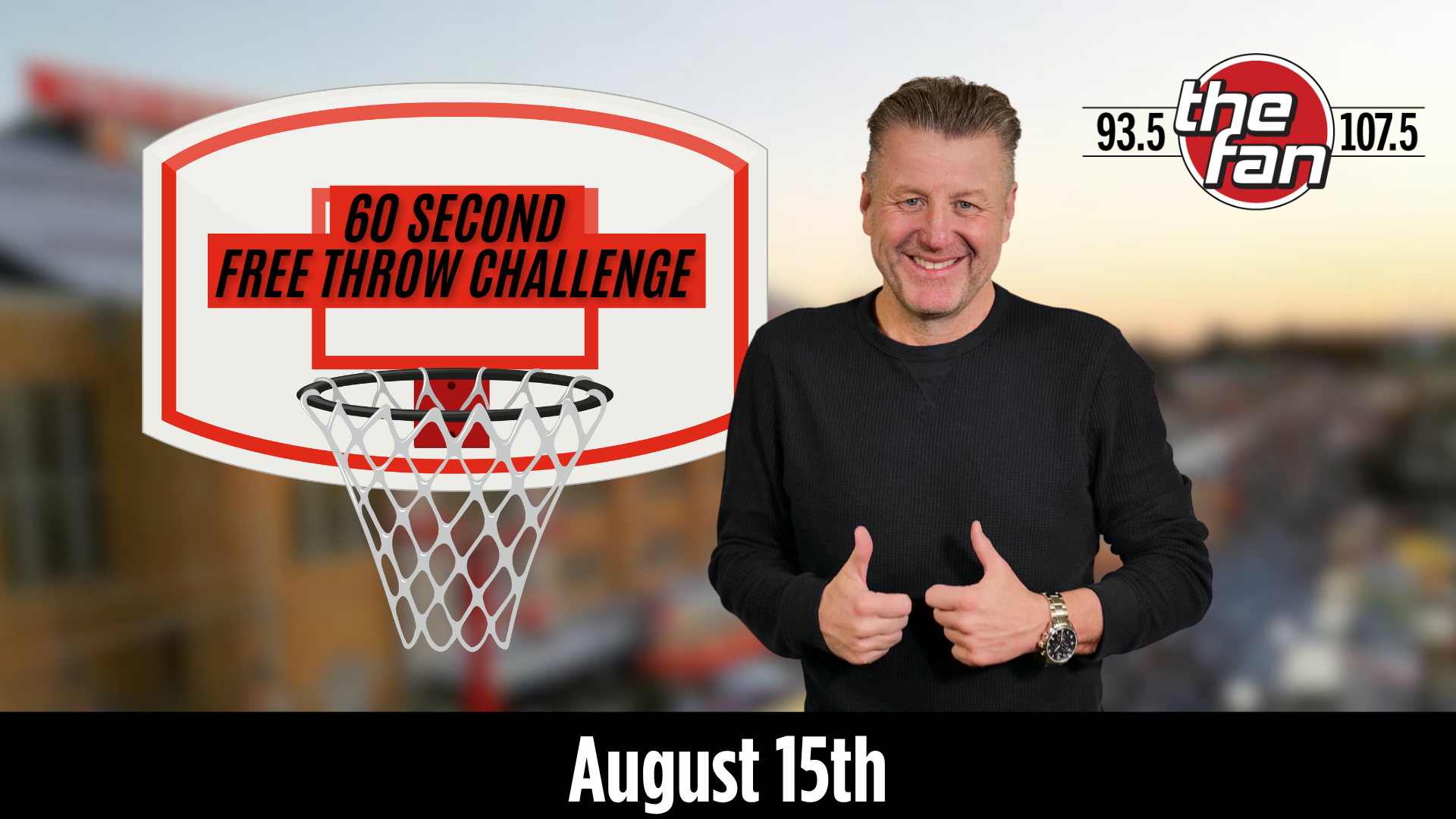 A man in a black shirt standing in front of a basketball hoop with a "60 Second Free Throw Challenge" sign, smiling and giving a thumbs up.