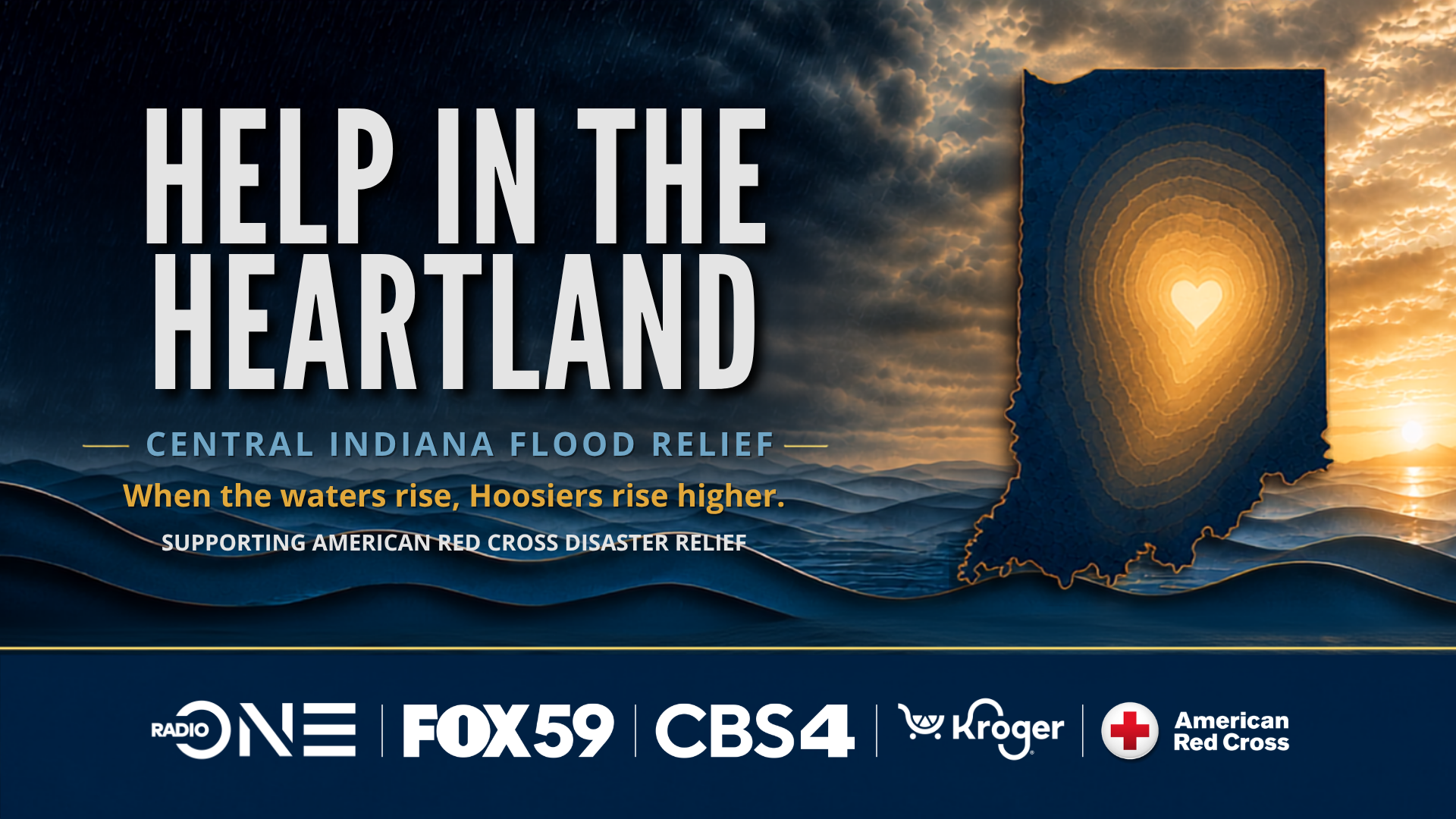 Dramatic sunset sky over mountainous landscape, with a glowing heart-shaped light in the center. Text overlay reads "HELP IN THE HEARTLAND - CENTRAL INDIANA FLOOD RELIEF" and lists media partners.