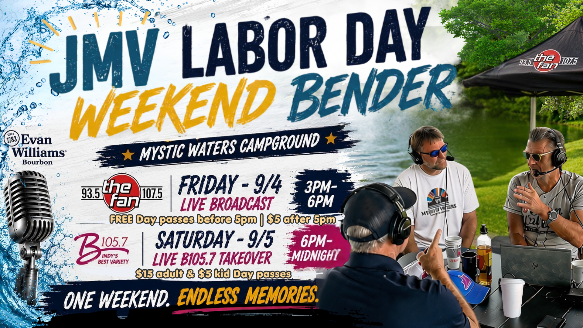 JMV Labor Day Weekend Bender event poster with live broadcast details, Mystic Waters Campground setting, and two people wearing headphones.