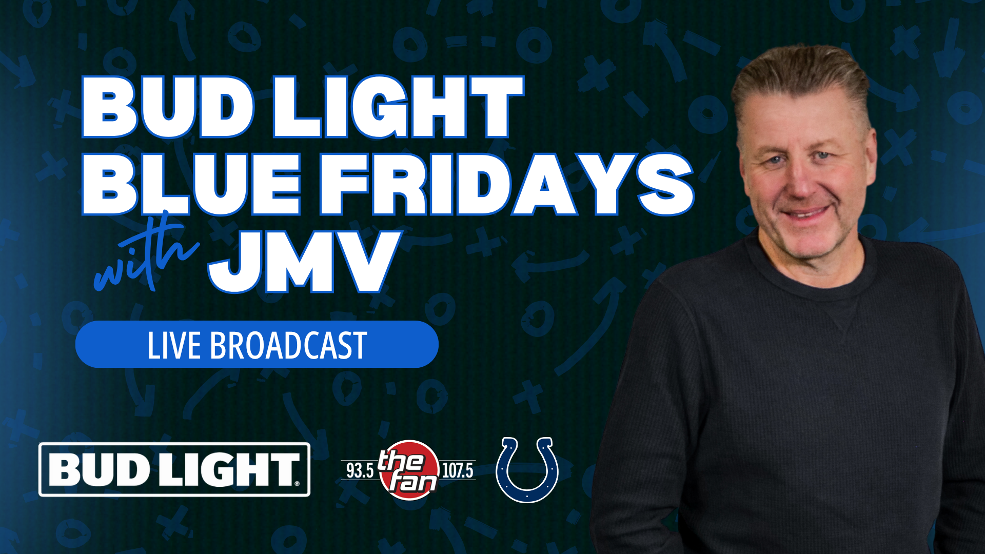 A man with short gray hair and a friendly smile standing in front of a "Bud Light Blue Fridays with JMV" broadcast banner.