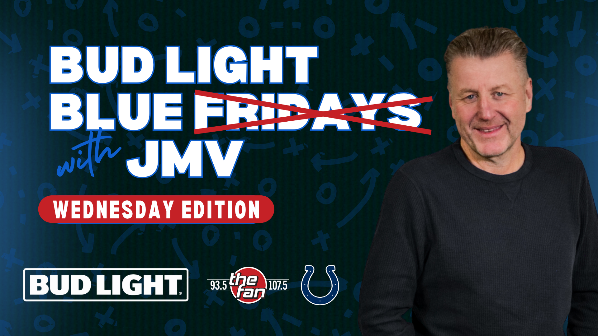 A smiling man in a black shirt appears in front of a background with the "Bud Light Blue Fridays with JMV" logo and text.