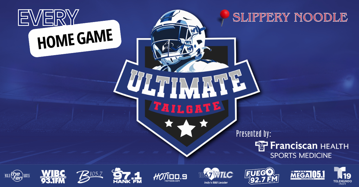 A football helmet with the "Ultimate Tailgate" logo, presented by Franciscan Health Sports Medicine. Text includes "Every Home Game", "Slippery Noodle", and radio station call letters.